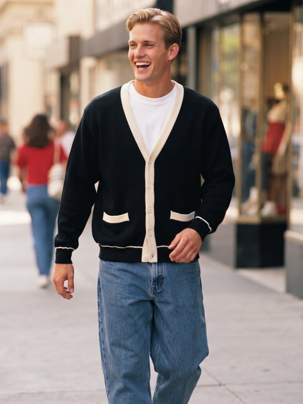 SHEIN Mens L Black Cream Contrast Trim Button Cardigan Sweater Preppy Old Money